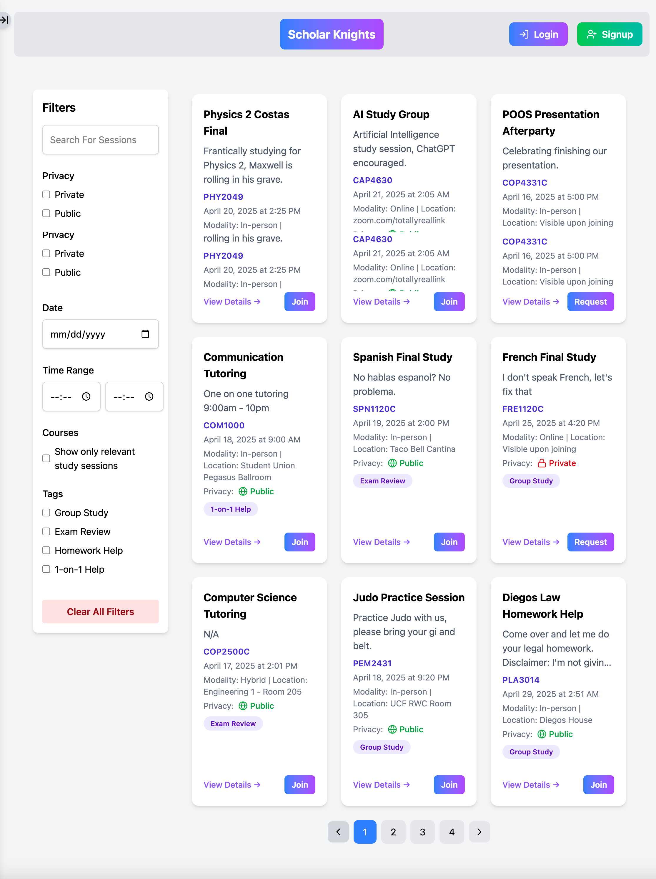Scholar Knghts Search/Filter
